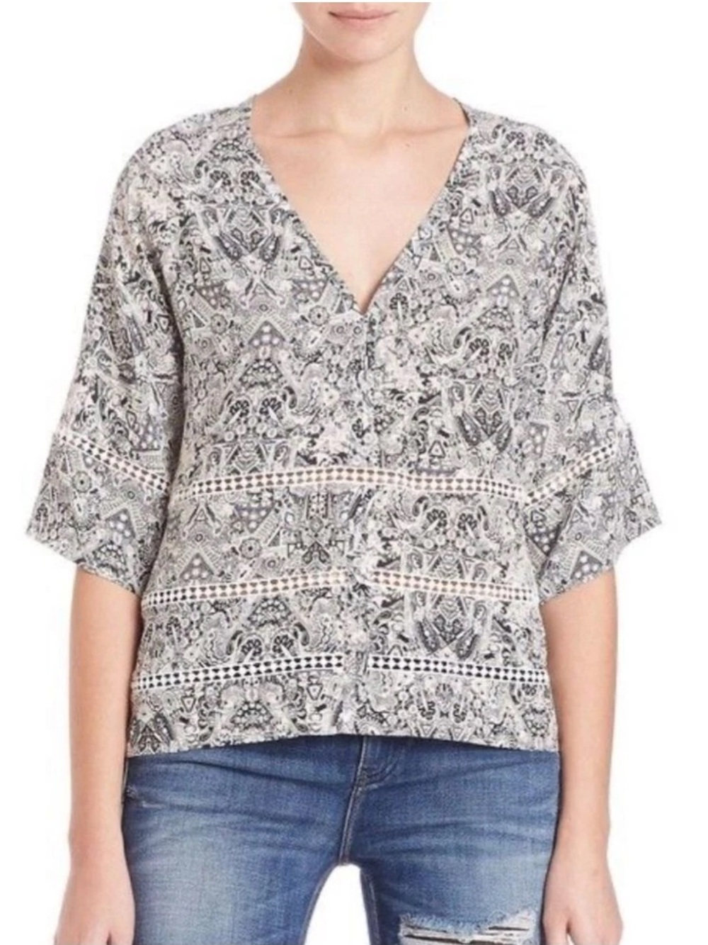 IRO Dalanie Blouse Size 36 Small Black White Boxy V-Neck Short Sleeve Eyelet Top